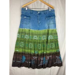 Vintage East Of LA Boho Denim Green Brown Tiered Skirt Women’s sz 18 W Gypsy 18w